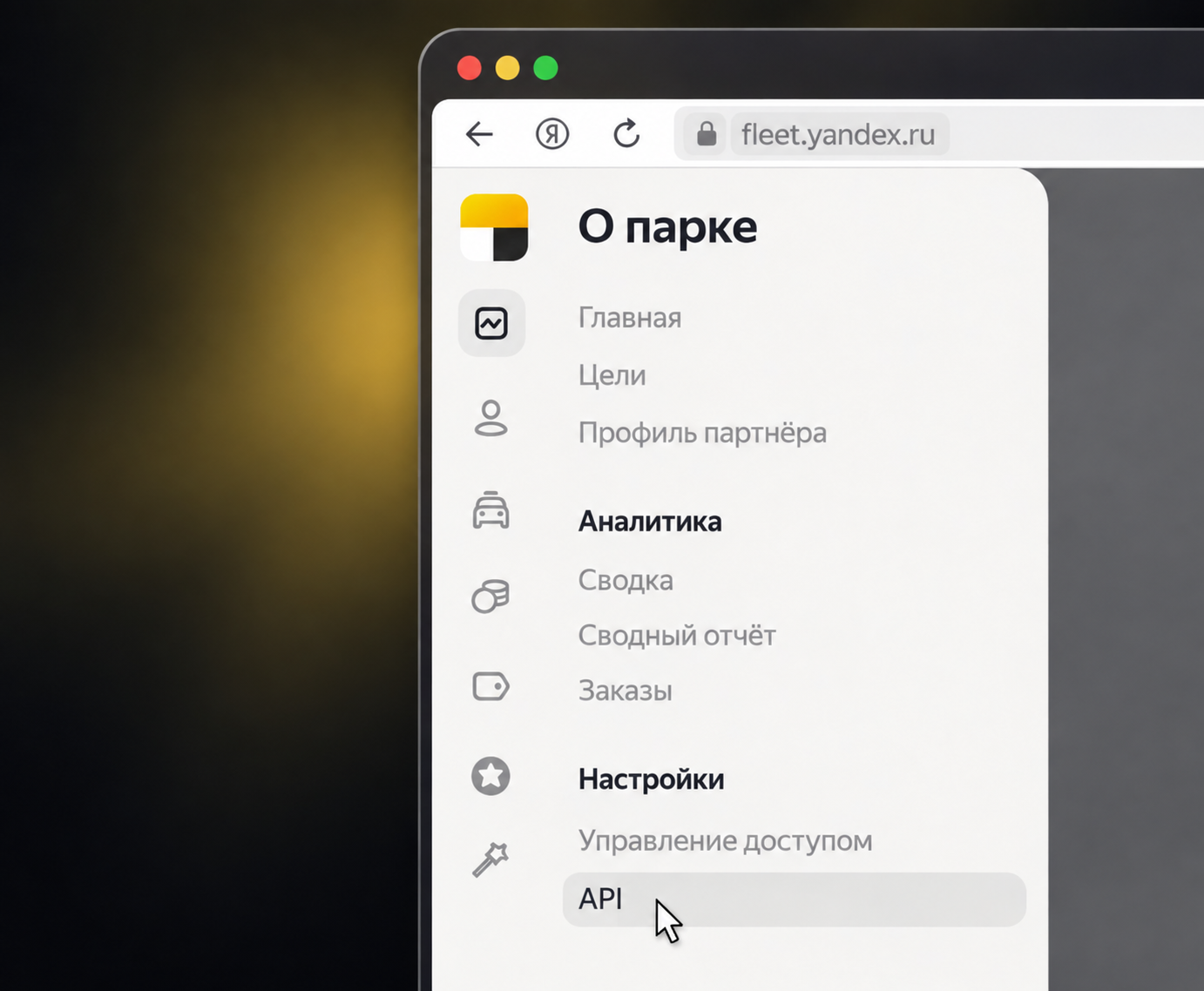 Меню диспетчерской Яндекс Fleet с открытыми настройками и выбранным пунктом API.